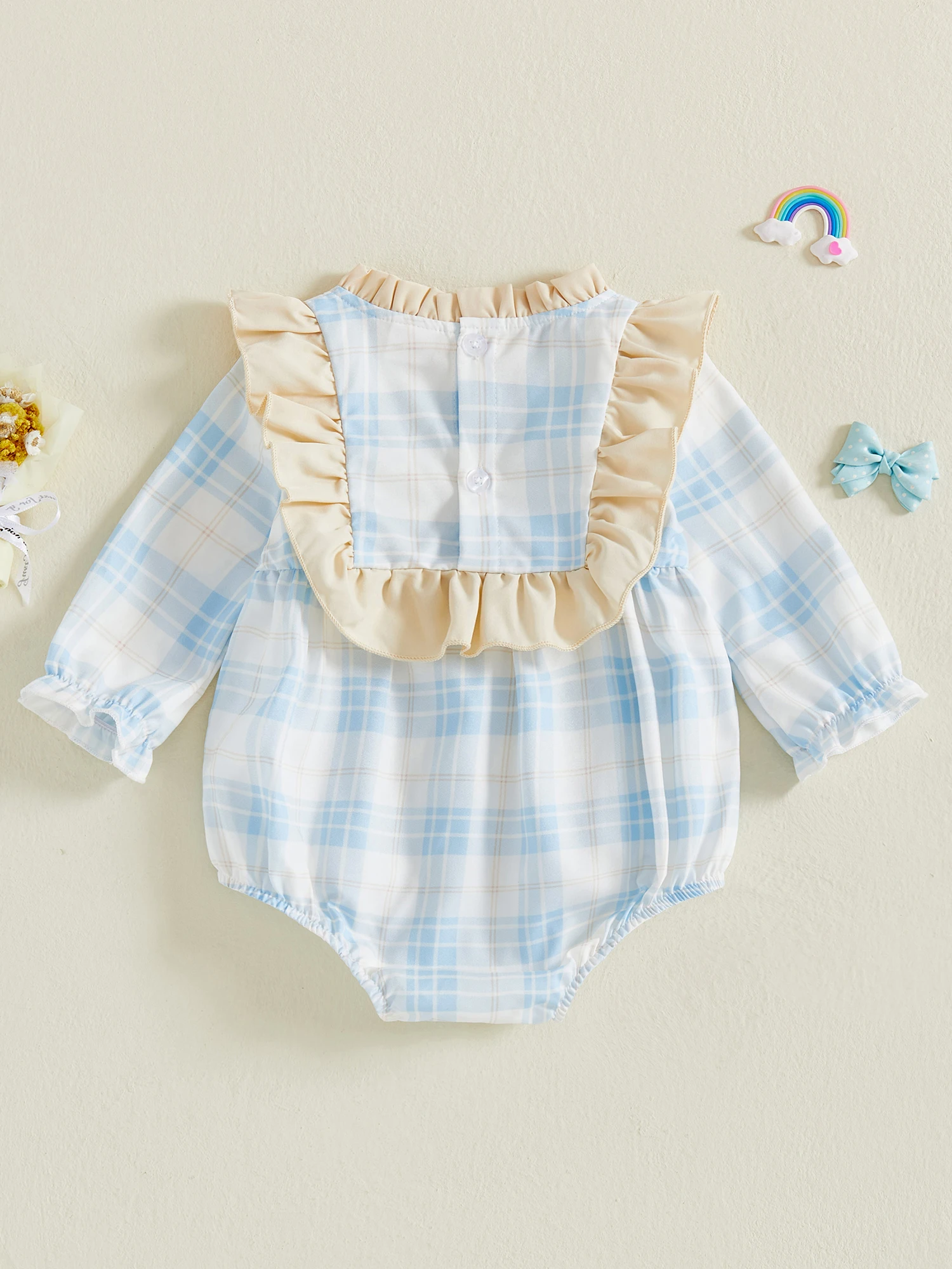 Adorabili pagliaccetti per neonata con maniche a lanterna, girocollo pieghettato e simpatica stampa scozzese - Tuta elegante per neonati