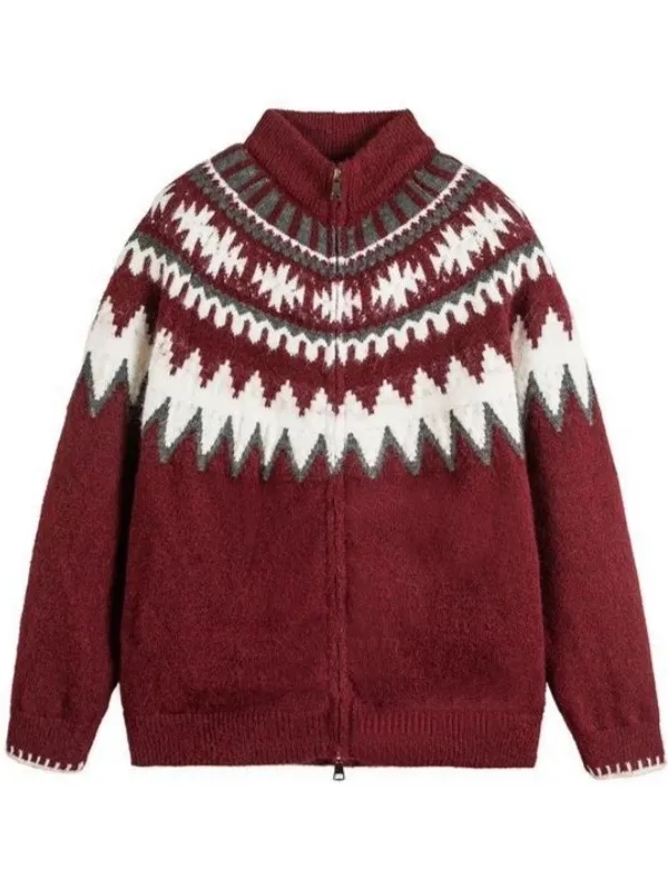 

American Sle Vintage Ethnic Open Cardigan Stand Collar Knitted Sweater Autumn Winter plus Size Loose Red Knitted Jaet for...