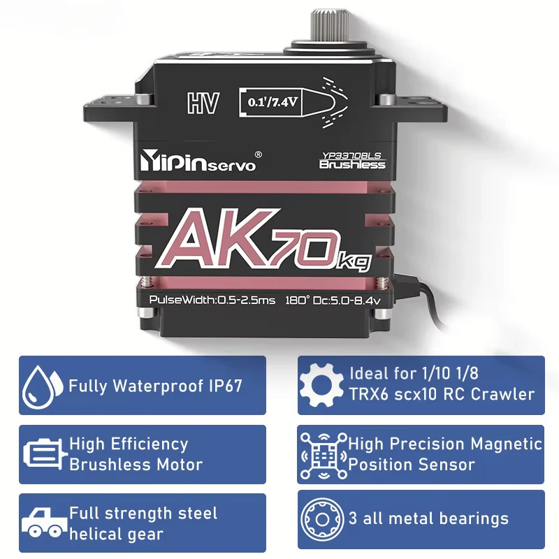 Servo digital de metal completo, 70kg, ak70, alto torque, 7.4v, motor sem escova, ip68, 180 graus, codificação magnética, servo para carro, aeronave, robô