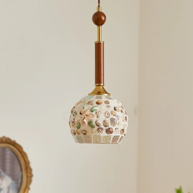 French Vintage Colored Glass Pendant Lights Bedroom Living Room Dining Room Counter Bedside Decorative Shell Design Chandeliers