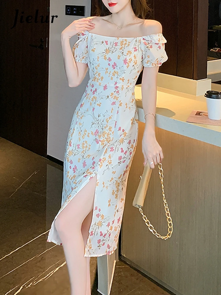 

Jielur Off Shoulder Yellow Pink Floral Dress Women's Slim Square Neck Puff Sleeve High Waist Female Dress French Fashion Dresses