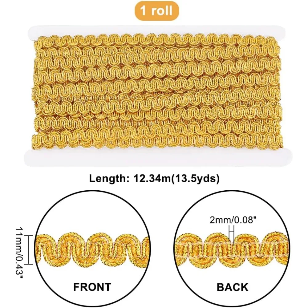 13.5 Yards/12m Golden Gimp Braid Trim, 0.43 inch/11mm Flat Fabric Decorative Trim Metallic Scroll Braid Ribbon Filigree Curved