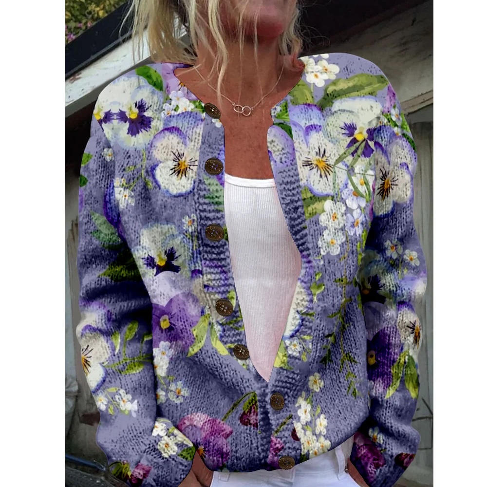 

Осень-зима вязаный кардиган с цветочным принтом, повседневный свитер, уличная одежда, женские свитера, вязаный топ, крутые джемперы, модные