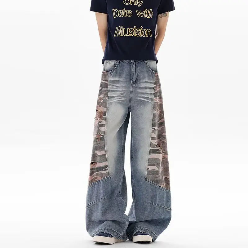 2026 American Retro Y2K Style Camouflage Patchwork Baggy Ripped Jeans Pants For Men Clothing Straight Streetwear Denim Trousers