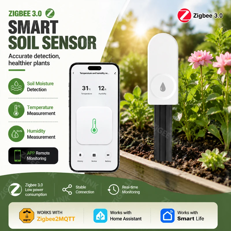 Zigbee Soil Moisture Monitor Air Temp Humidity Detector Smart Plant Care Tester For Potted Plants Garden Farm Irrigation System