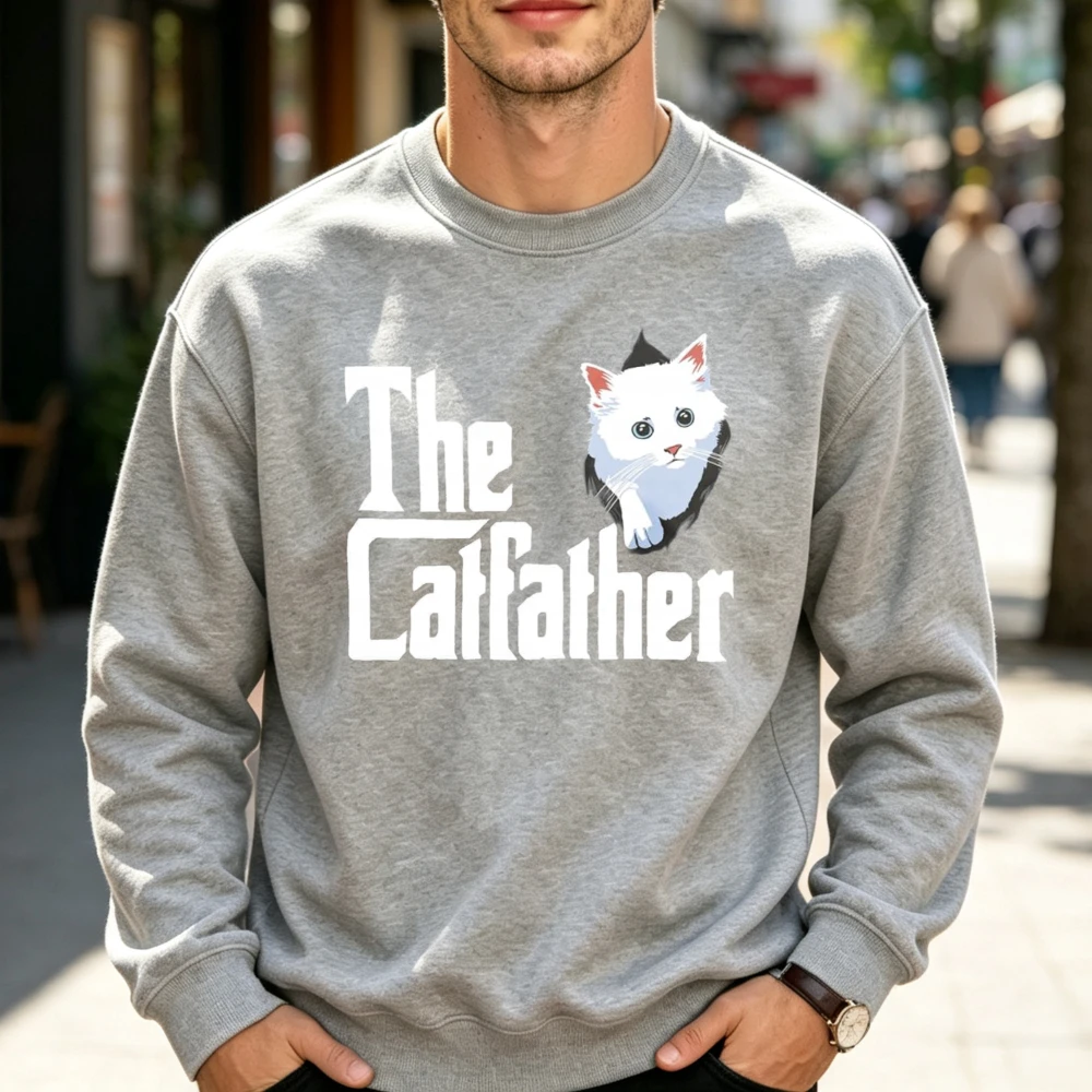 The Catfather Funny Cat Dad Pet Owner Crewneck Sweatshirt Humorous Feline Graphic Top Cozy Weekend Wear Lounge Around Prints