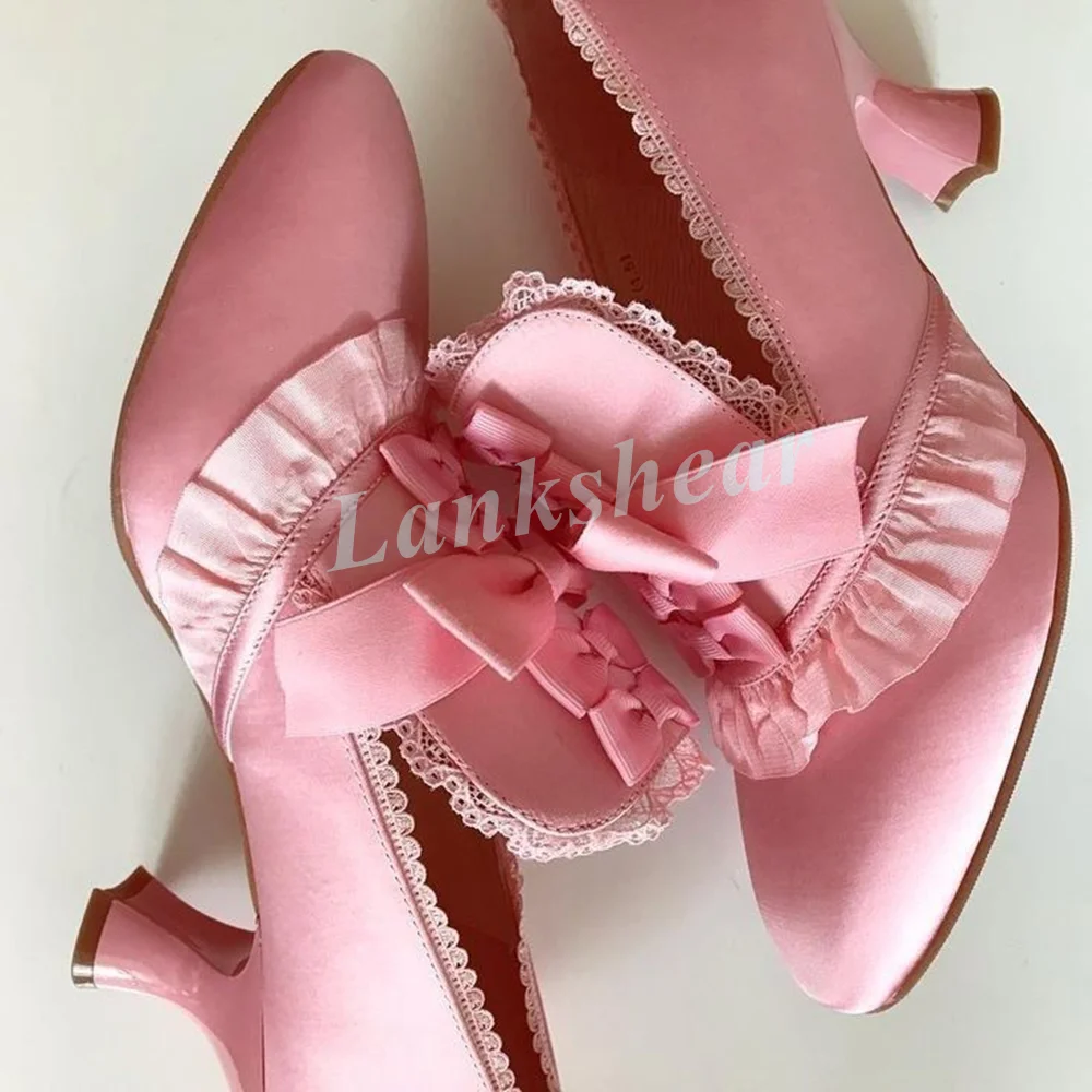 Women Pink Satin Vintage Victorian Heeled Shoes Round Toe Low Kitten Heel Historical Pumps Ribbon Bow Lace Trim Sweet Lolita New
