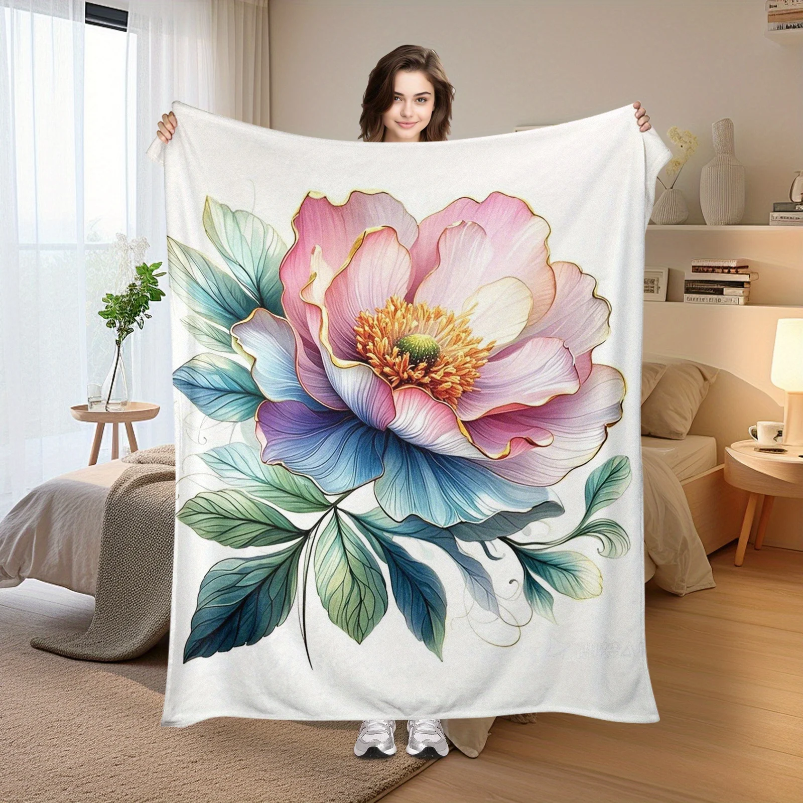 Luxurious Peony Floral Blanket - Gilded Blue & Pink Peonies on White, Flannel All-Season Soft Throw, Lightweight & Breath