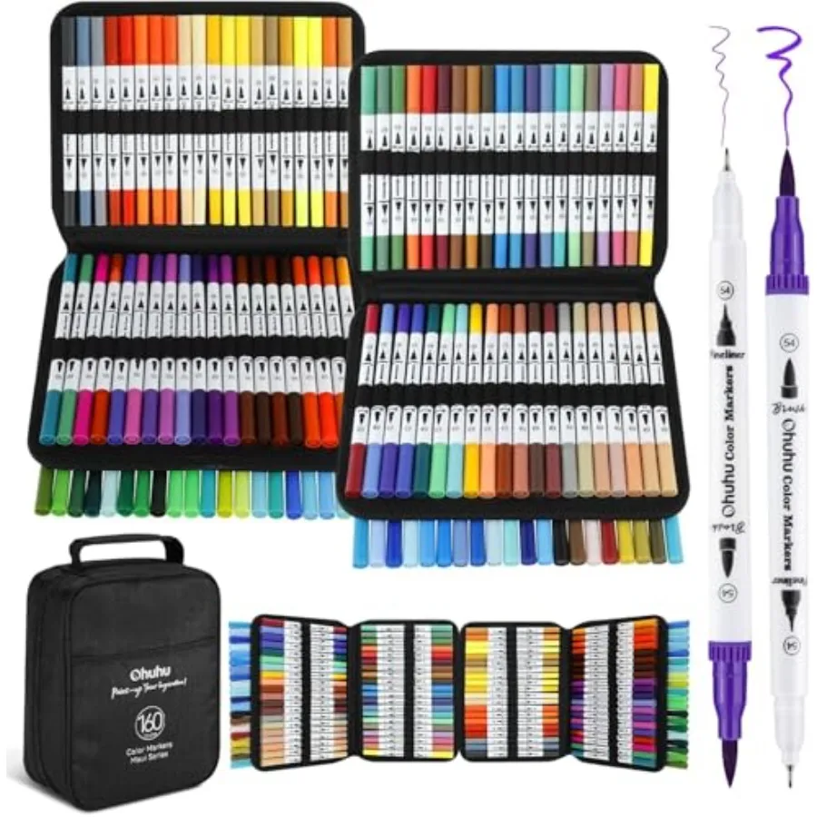 

Markers for Adult Coloring Books No Bleeding 160 Colors Water-based Dual Tips Fineliner and Brush Coloring Markers for Adults B
