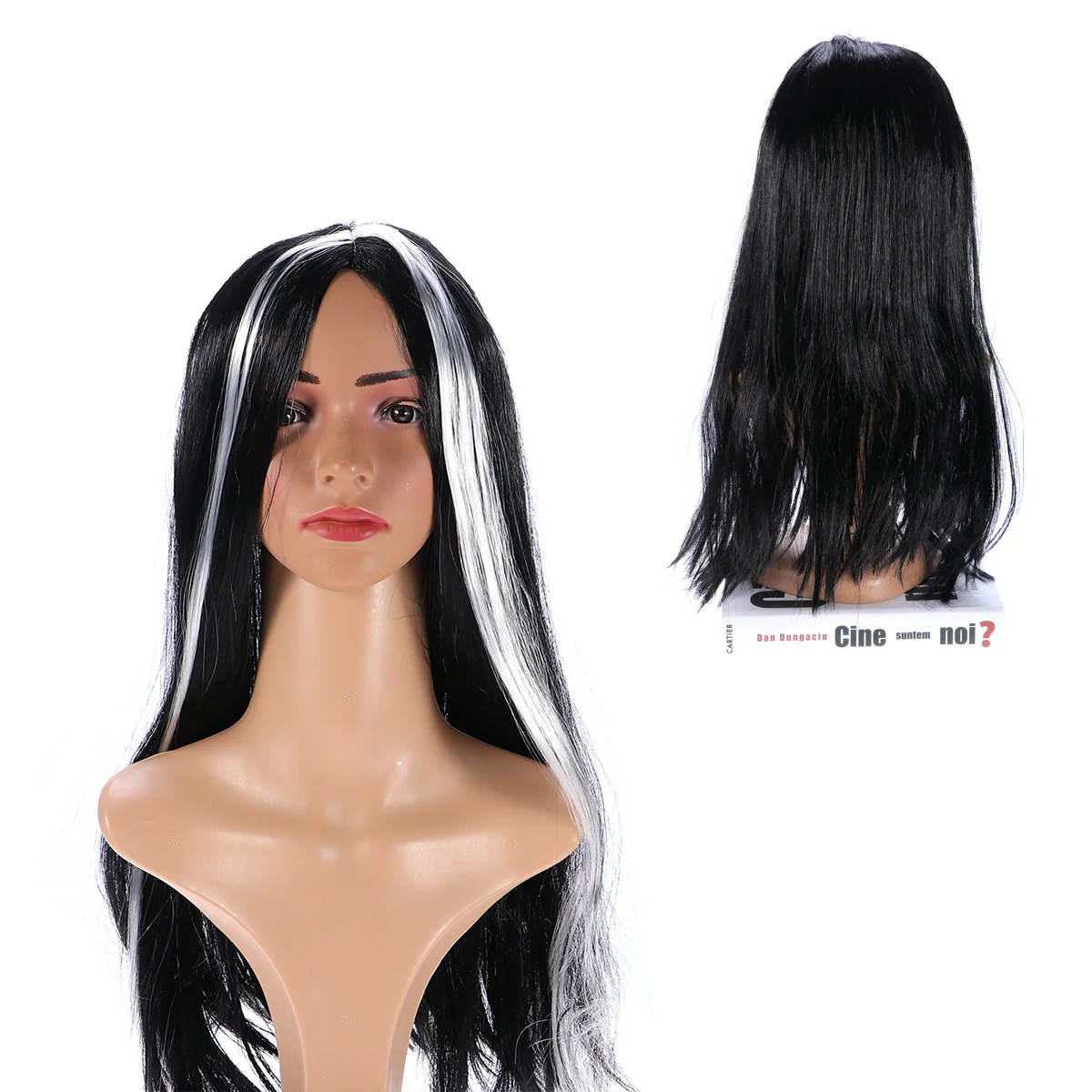 

Women Girls Long Straight Black Synthetic Fiber with white highlight Ghost For Halloween Cosplay Costume