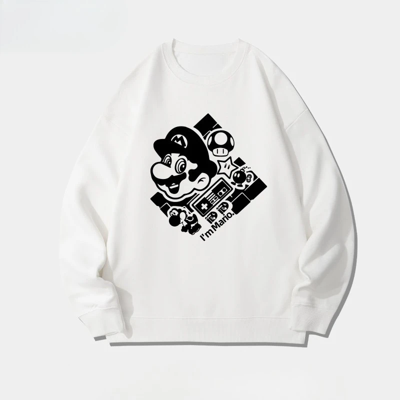 

Осень/зима 2025: универсальная толстовка с круглым вырезом и принтом в стиле ретро с героями мультфильмов Марио, свободная и подходит как для мужчин, так и для женщин.