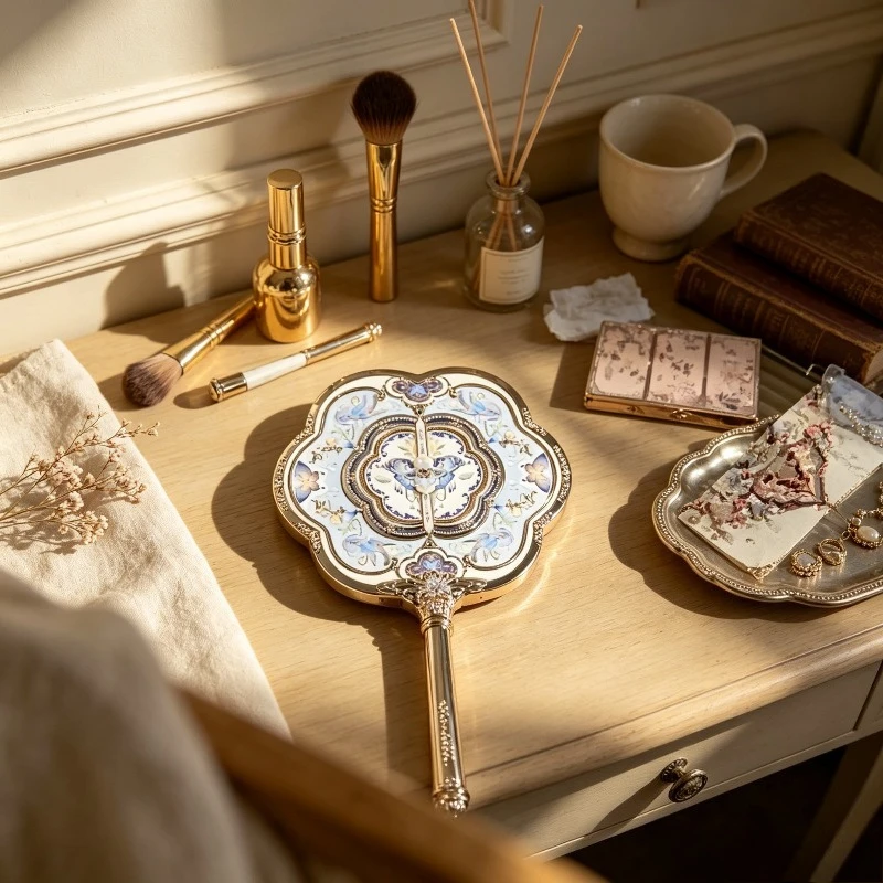 Romantic Strawberry-themed Hand Mirror, Vintage Floral Pearl Compact Tool, New Limited Portable Makeup Mirror for Girls.