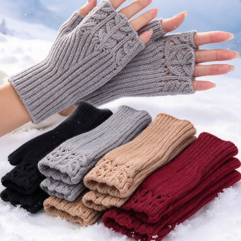Winter Women Maple Leaf Pattern Knit Fingerless Black Gloves Keep Warm Half Finger Arm Warmers Office Typing Glove Accessories