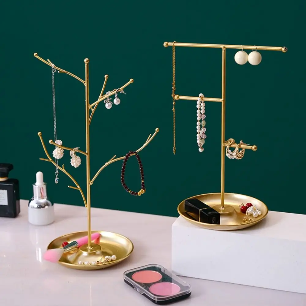 جديد حامل عرض المجوهرات المعدنية مع صينية شجرة قلادة القرط حامل مُنظِم الديكور سوار خواتم تخزين الرف سطح المكتب