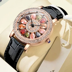 Relojes de oro rosa de lujo únicos para mujer, esfera giratoria, diamantes de imitación, relojes creativos de moda, reloj impermeable para mujer