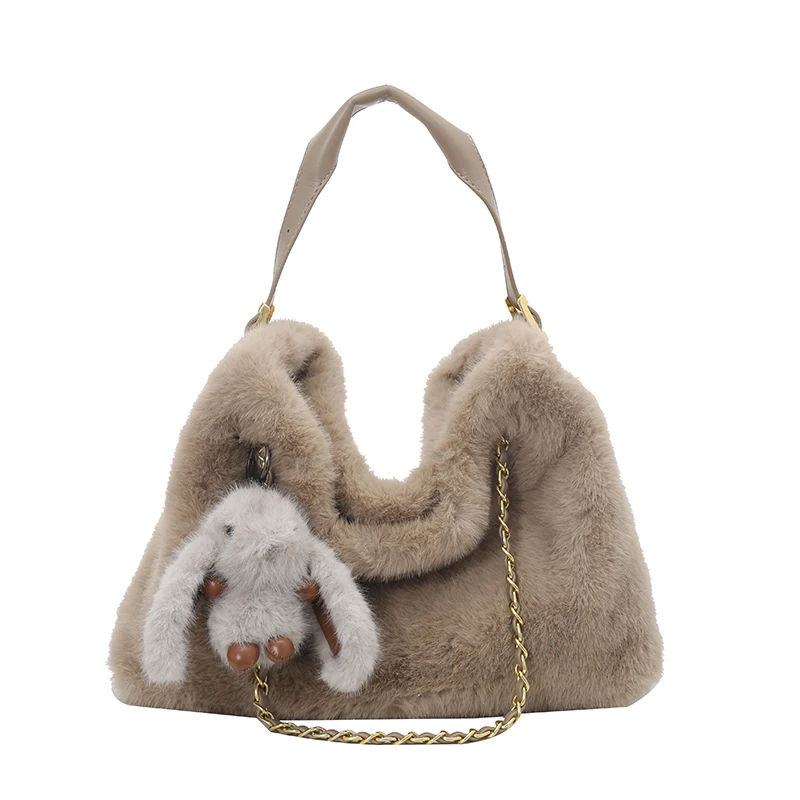 

Fashion Women Fluffy Faux Fur Shoulder Bag Female Winter Large Capacity Chain Underarm Bag Solid Color Soft Plush Handle HandBag