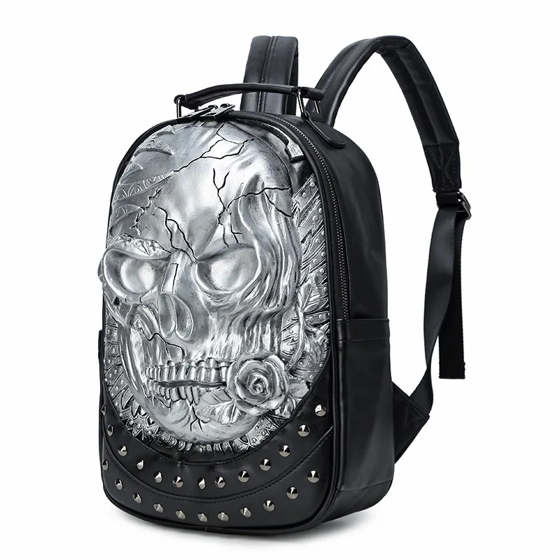

Silver 3D Skull Backpack with Rose Gothic Punk Men's Travel Bag Rivet Studded School Bags for Teenagers Large Capacity Rucksack