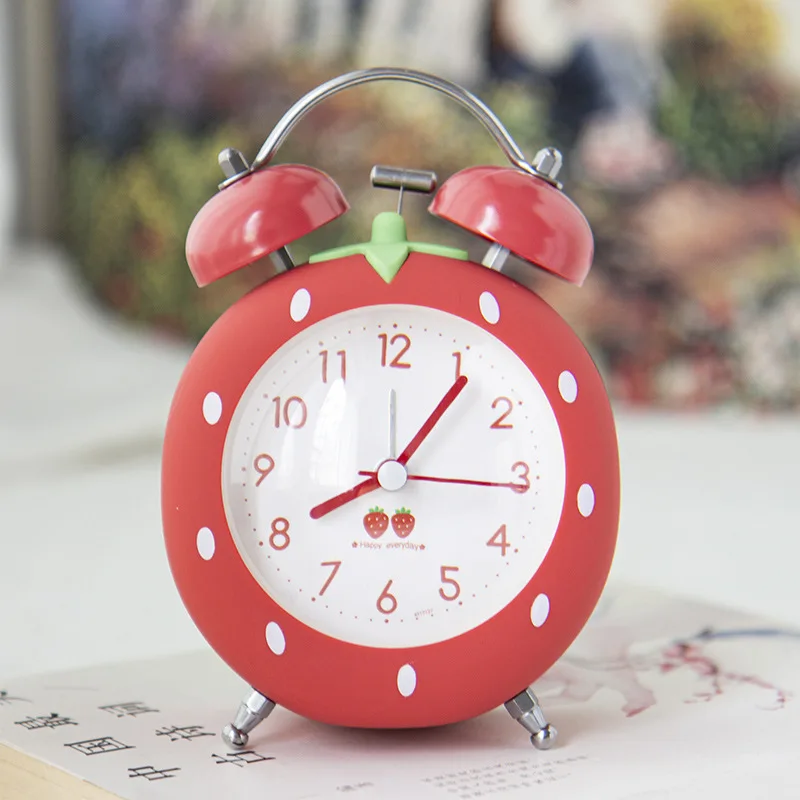 Big Bell Strawberry Creative Sleepy Little Alarm Clock Cartoon Children\'s Students Use Nightlight, Simple and Silent Bedhead