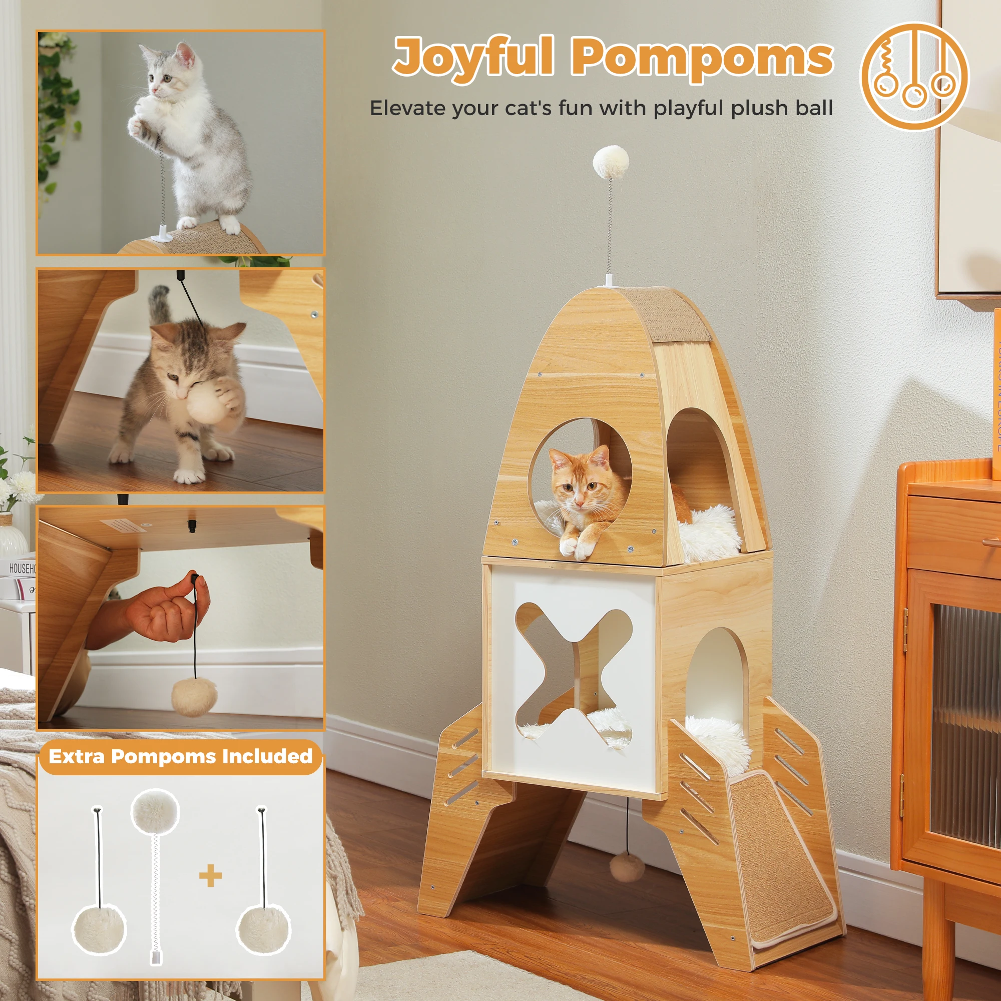 Modern Cat Tree Rocket Shape with Condos, Dangling Balls, Sisal Scratching Pads, Wooden Cat Tower for Indoor Cats, Cat Furniture