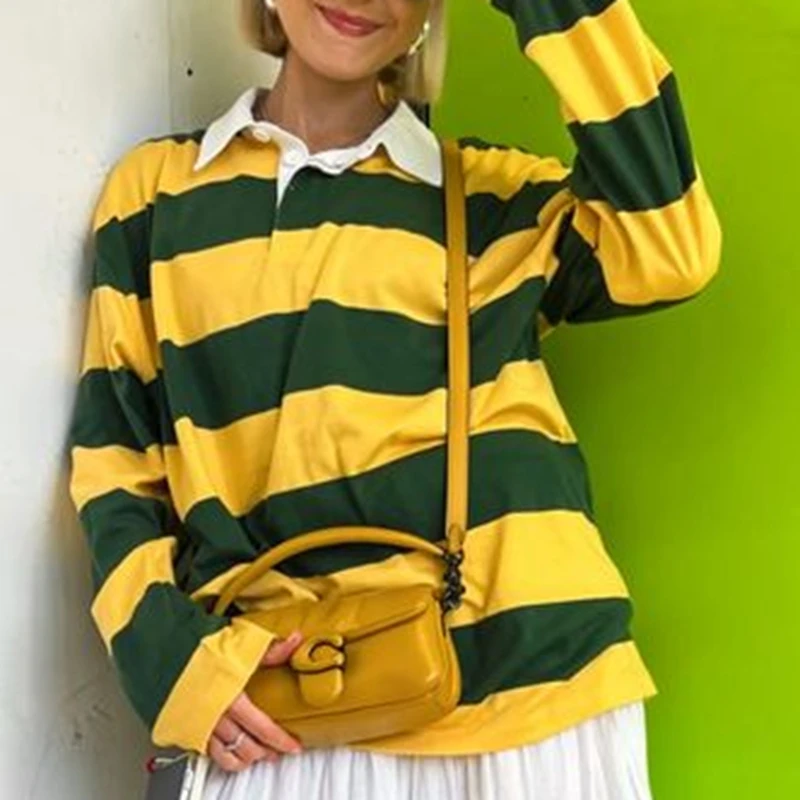 قمصان نسائية من Streetwear بياقة مقلوبة وأكمام طويلة مرقعة ملابس فضفاضة للخريف Y2K