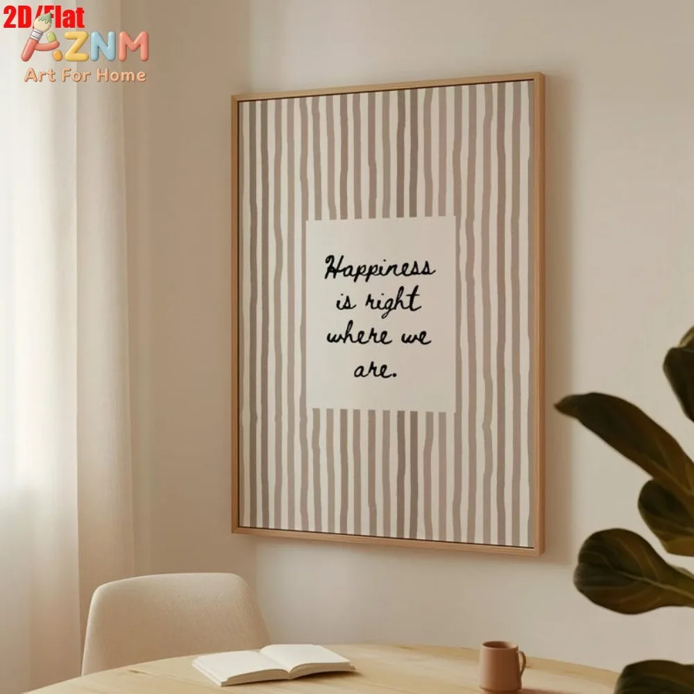 AZNM Beige Striped Canvas Wall Art Happiness Is Right Where We Are Text Print Minimalist Home Decor Unframed