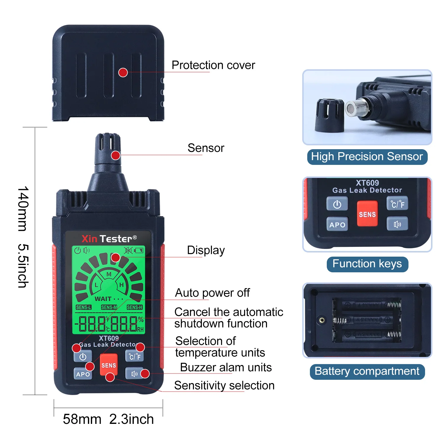 Xin Tester 50-1000PPM Digital Gas Leak Alarm Analyzer Propane Combustible CO Methane Natural Detector XT609