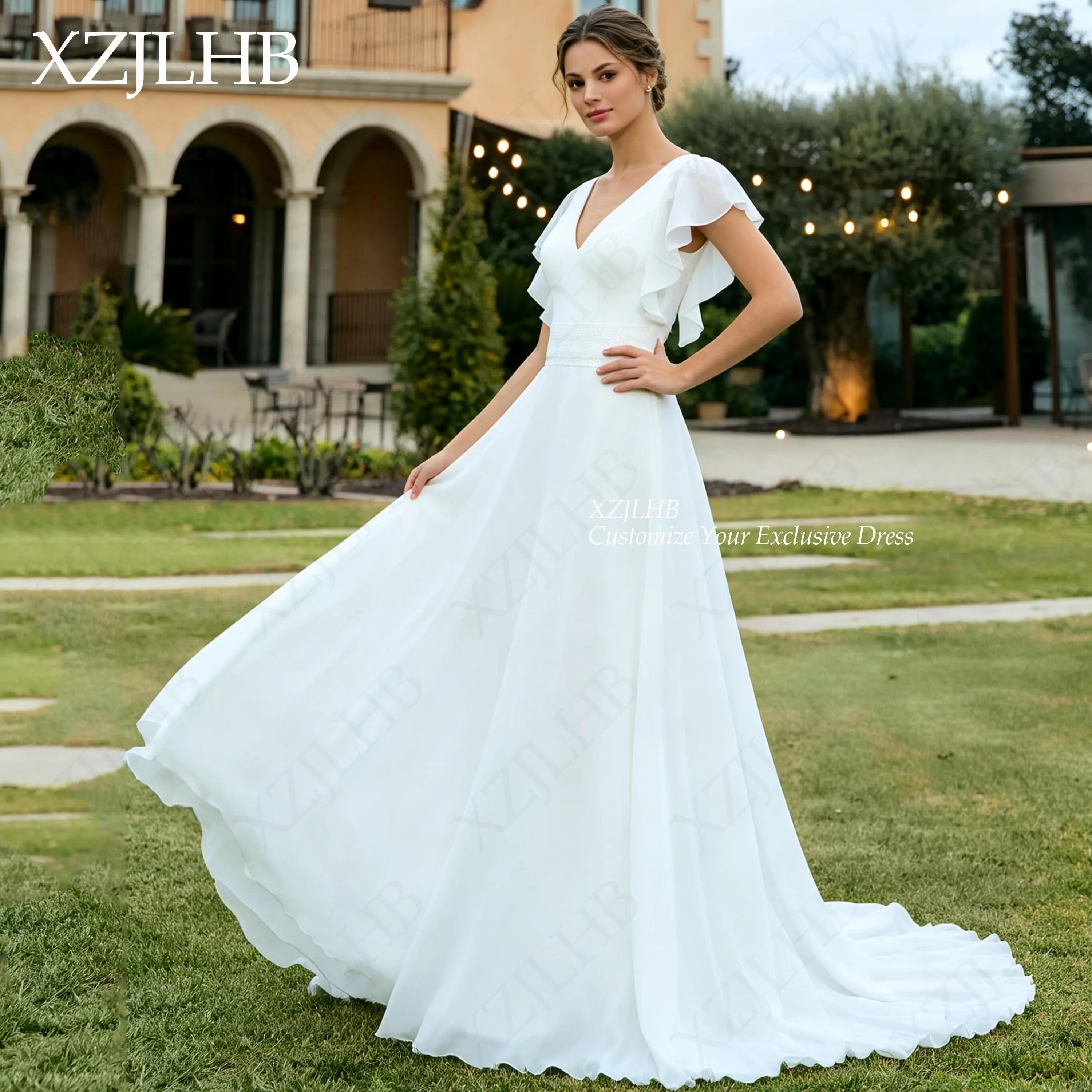 XZJLHB Flutter Sleeve Lace Sash Wedding Dress Chiffon A‑Line Bride Dresses For Women 2026 V‑Neck Backless Brautkleid Customized
