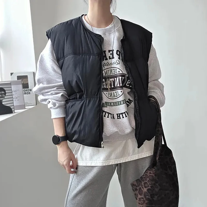 

Женский свободный круглый жилет без пуха, осенне-зимний повседневный хлопковый топ на молнии с застежкой-молнией, удобная одежда для поездок на работу