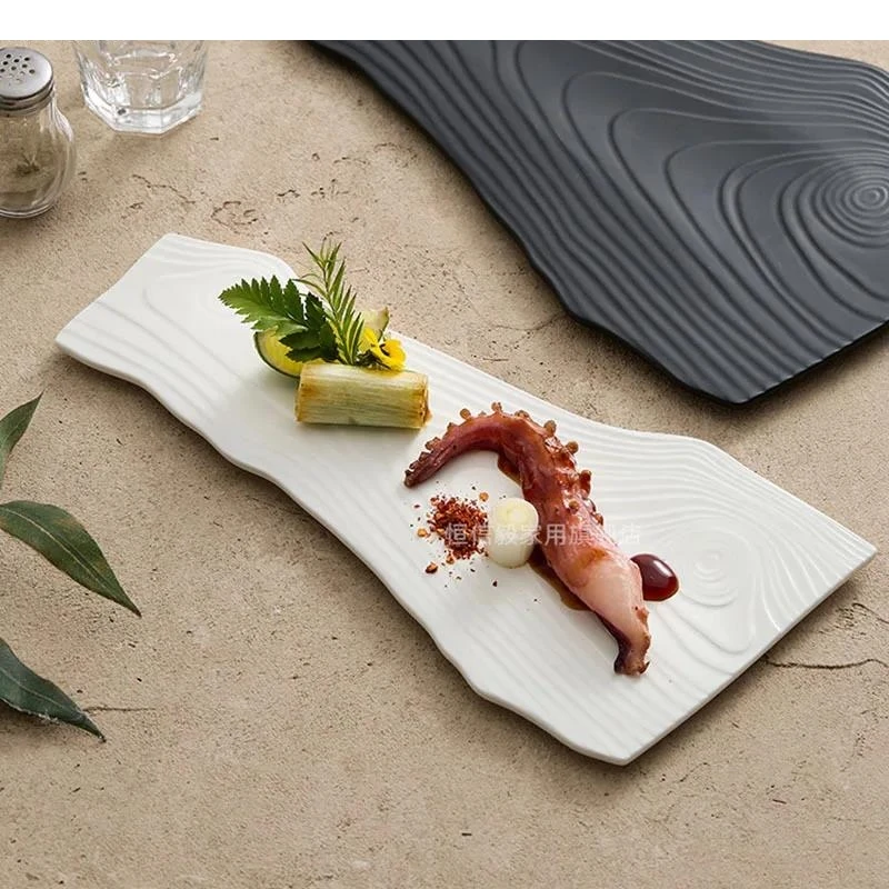 Irregular Annual Ring Texture Ceramic Flat Plate Dessert Sushi Dish Cake Restaurant Molecular Cooking Specialty Tableware