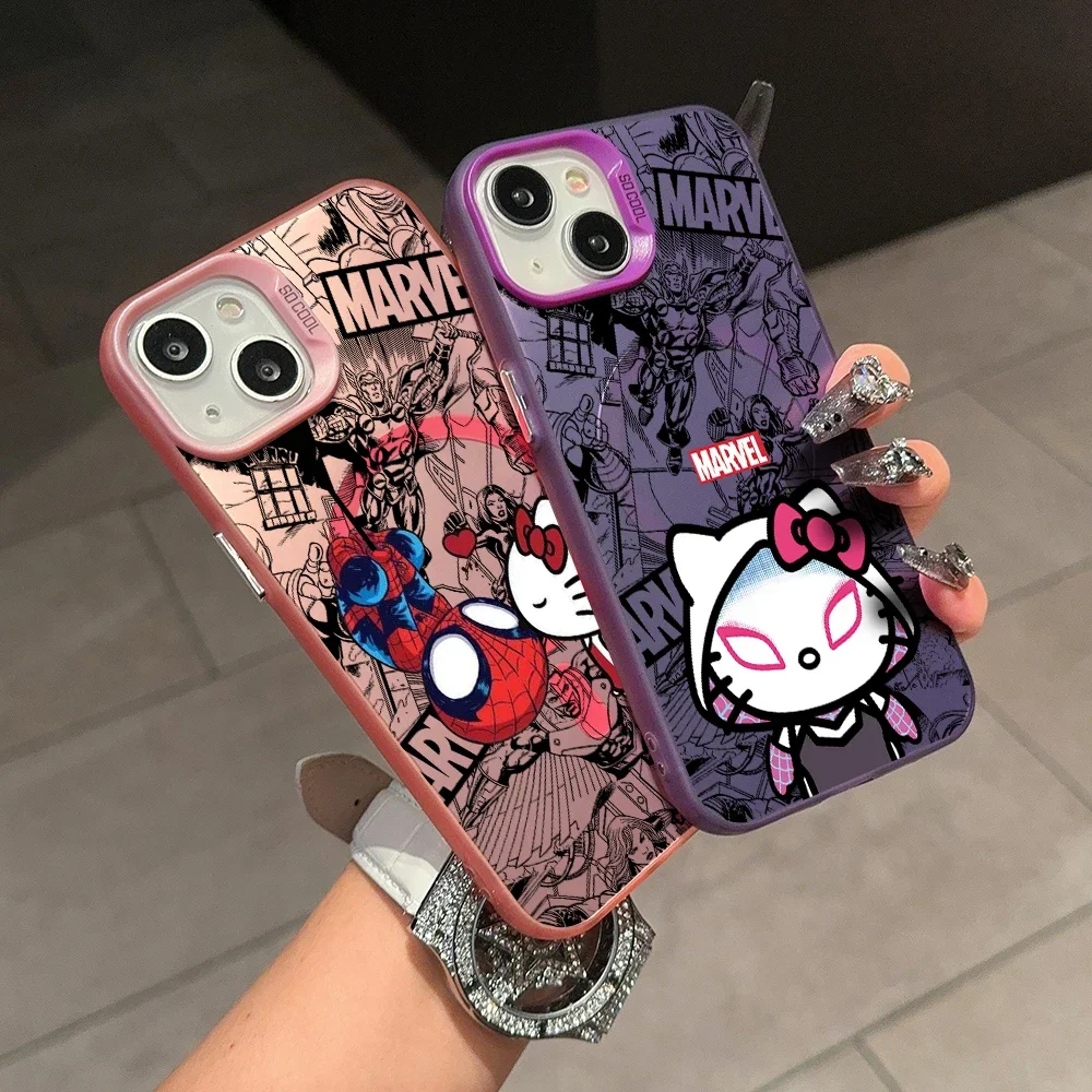 Cute Hello Kitty Kiss Spiderman Magsafe Magnetic Phone Case for IPhone 11 12 13 14 15 16 Pro Max Plus Lens Border Plated Cover