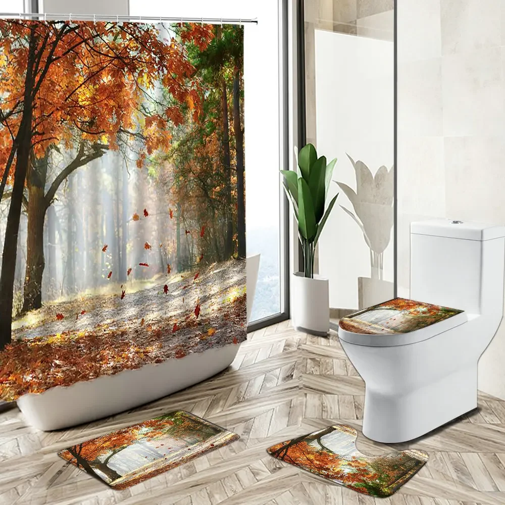 Forest Lake Scenery Shower Curtain Autumn Park Sunshine Trees Maple Leaf Landscape Bath Mat Toilet Lid Cover Bathroom Carpet Set