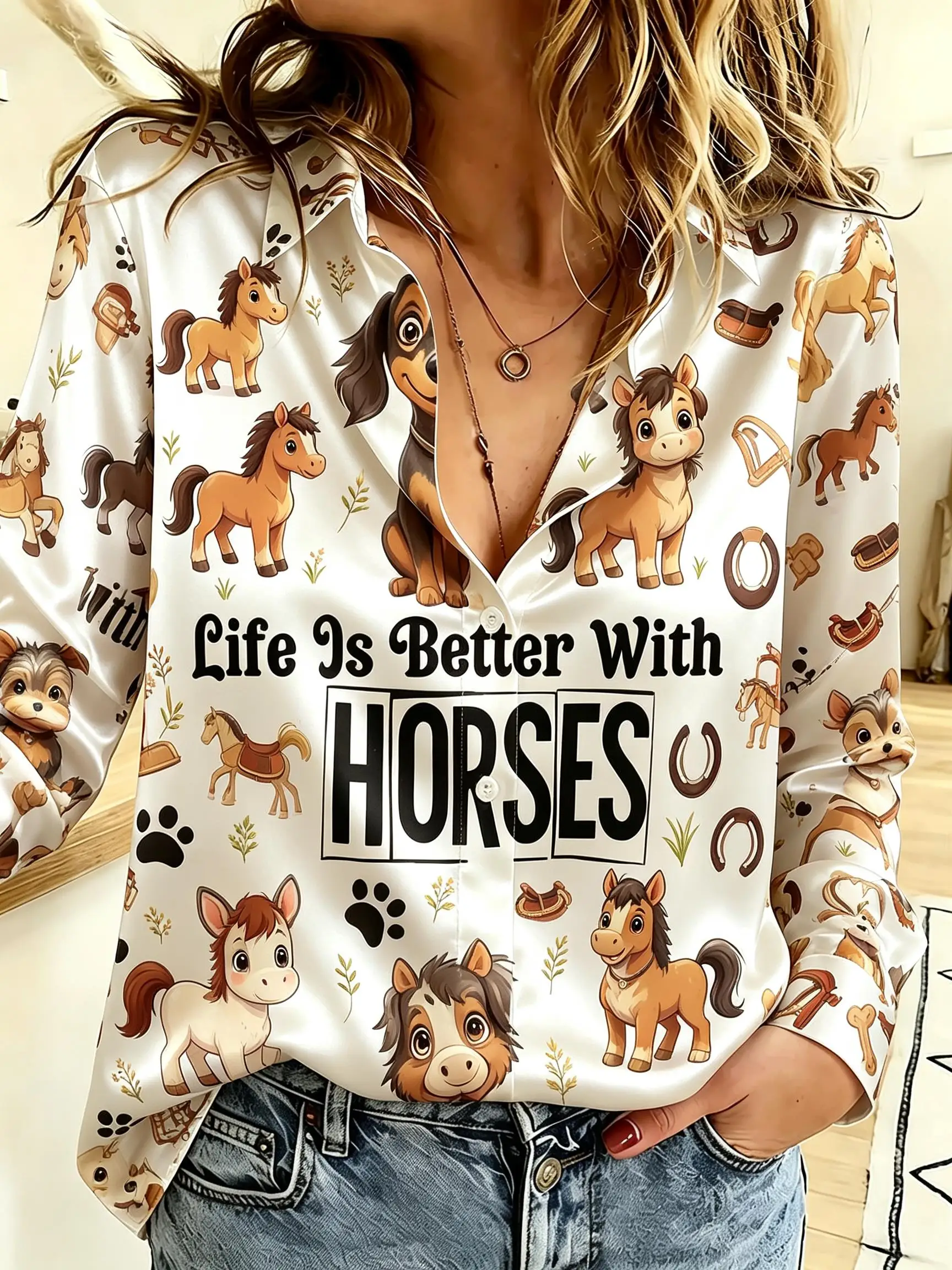 Women Cartoon Animal Graphic Button Down Shirt, Turn‑down Collar Long Sleeve Casual Daily Wear Top