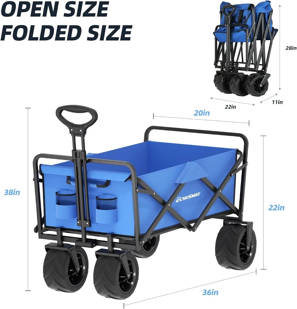 Foldable Heavy Duty Utility Wagon Cart 350L Capacity for Camping, Blue
