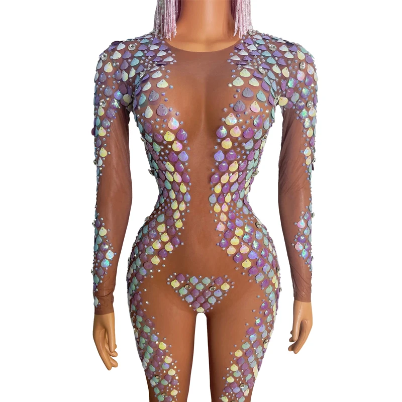 Shiny Colored Shell Rhinestones Jumpsuit Sexy Mesh Perspective Gogo Costume Women Dj Ds Party Clothing Drag Queen Outfit XS6911