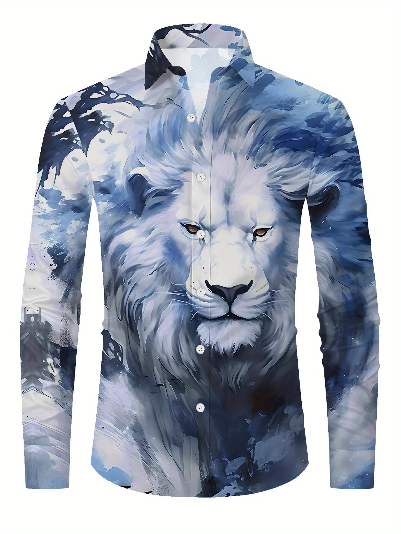 Trendy Men Button‑Up Shirt Blue Gradient Artistic Lion Beast Watercolor Print Polyester Streetwear Party