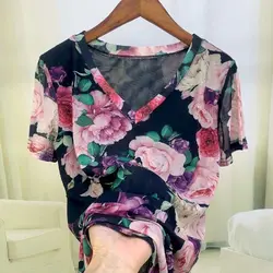 Women's 2024 New Summer Fashion Commute Spliced Printing Gauze Slim V-neck Short Sleeve Vintage Comfortable T-shirts Bottom Tops