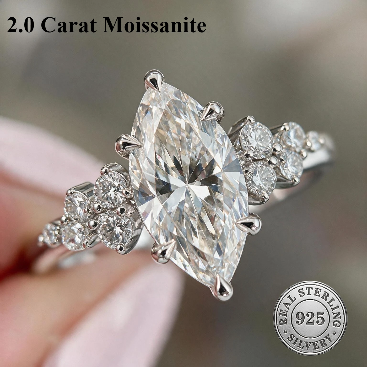 2.0ct white moissanite 6X12 marquise cut ring S925 silver D white moissanite 6prong vvs1 ring eternal band for RING women