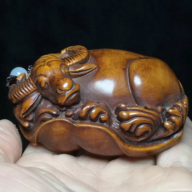 

YIZHU CULTUER ART Size 3.2 inch Old Chinese Hand Carved Boxwood Wood lotus leaf bull ox Figurine Statue Decoration Netsuke Gift