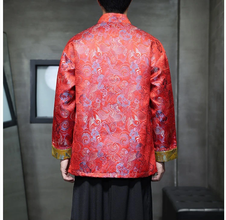 Chinese-style Men's Red Long-sleeve Jacket with Blue Jacquard Pattern; Coat Available in Gold or Black.