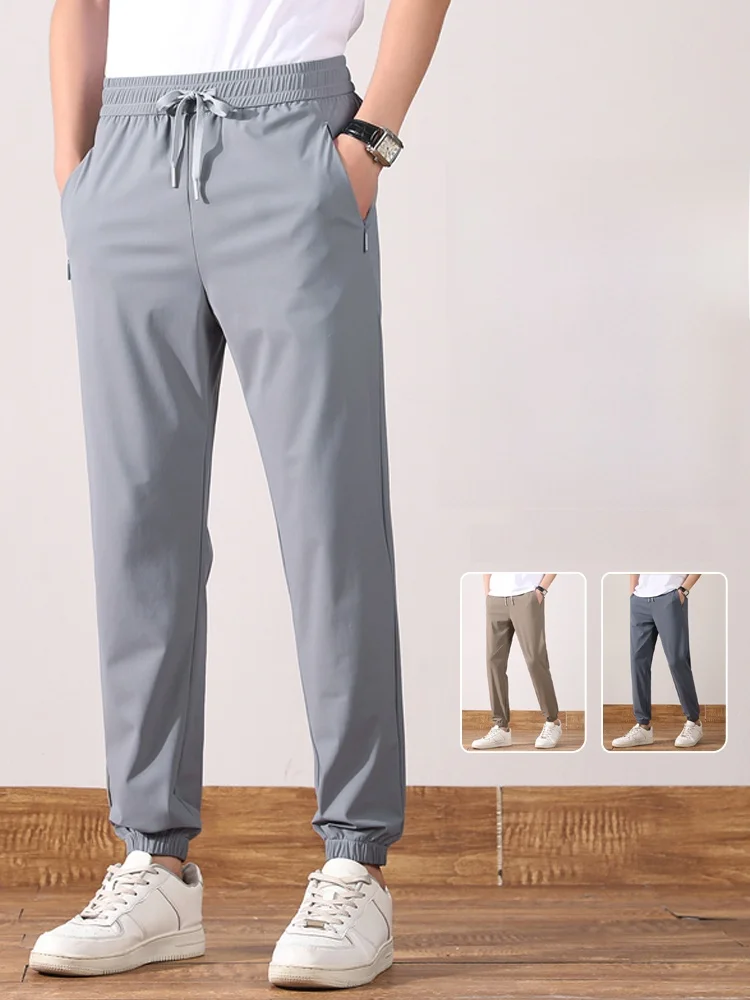 

plus Size Ice Silk Men's Summer Qui Dry Sports Pants Elastic Cuffed Nine Point Long Trousers Faionable Casual Straight Leg