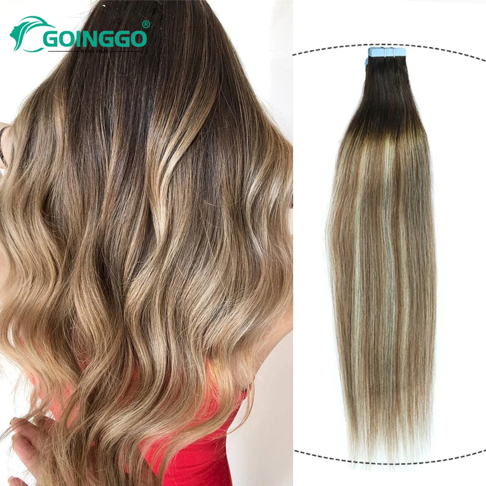 

Balayage Tape In Human Hair Extensions Straight T2P6/60 Dark Brown To Chestnut Brown Platinum Blonde Ombre Tape In Extensions