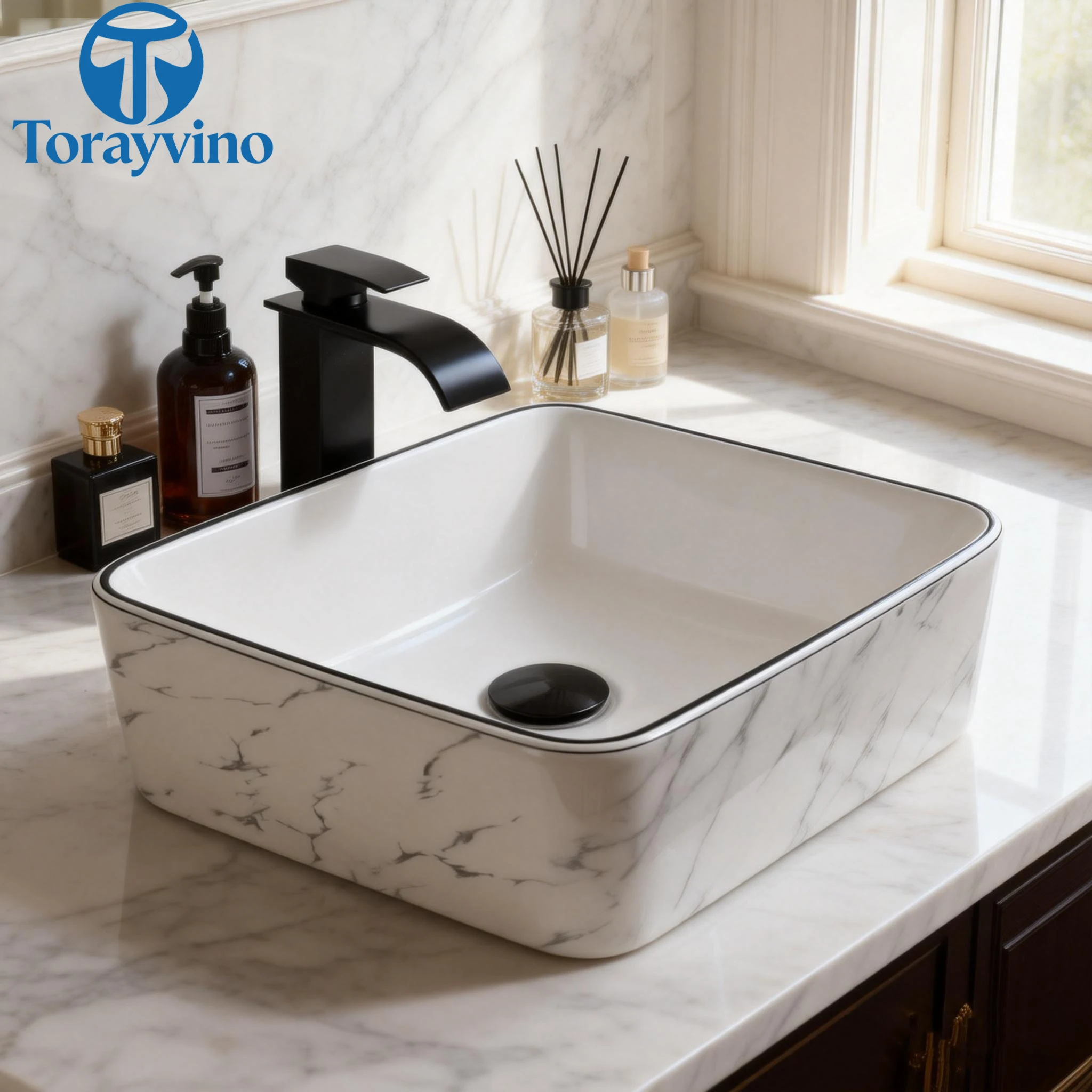 TORAYVINO Bathroom Basin Sink Faucet Set White Procelain Ceramic Vessel Sink Above Counter Bathroom Sink Matter Black Faucet