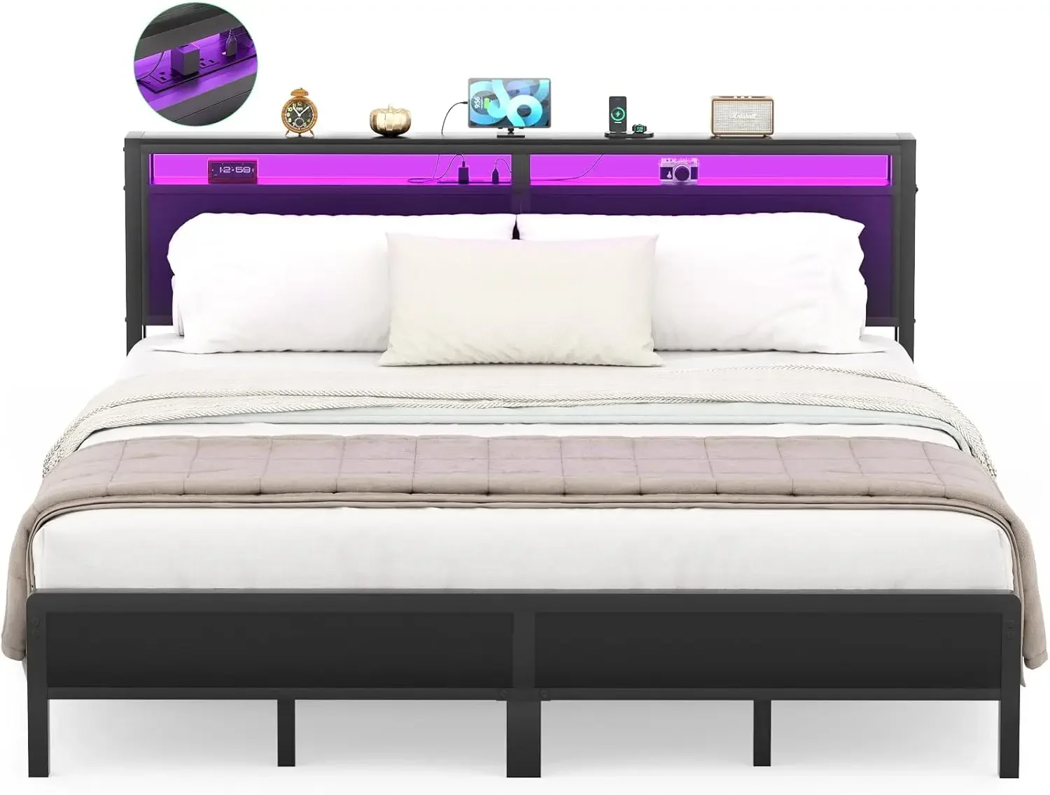 King Size Bed Frame with Charging Station and Led Lights, Industrial Metal Platform Bed with Storage Headboard, Steel S