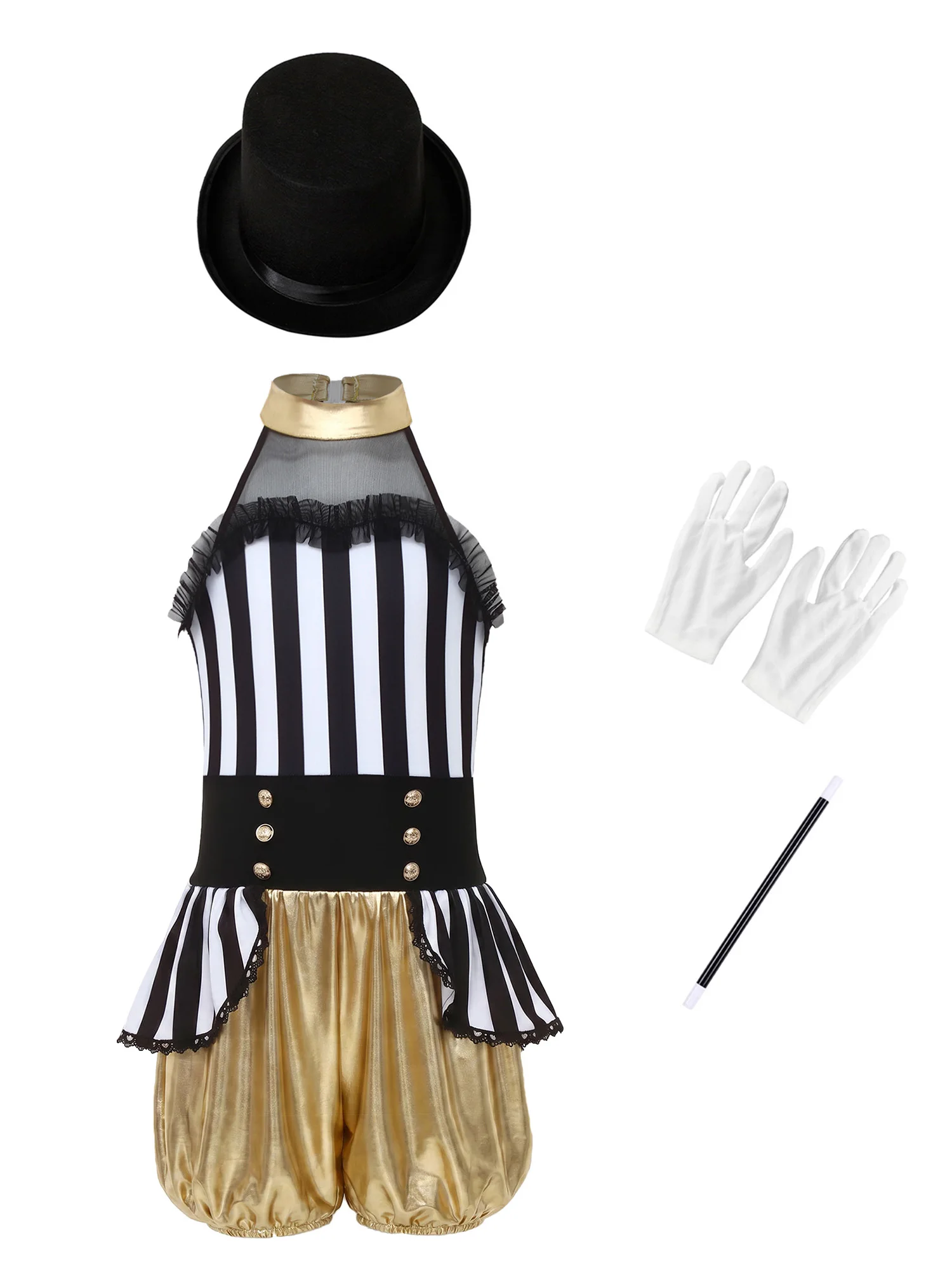 

Girls Circus Ringmaster Dress Up Set Metallic Patchwork Jumpsuit Waist Overlay with Magic Wand Hat Gloves Cosplay Performance