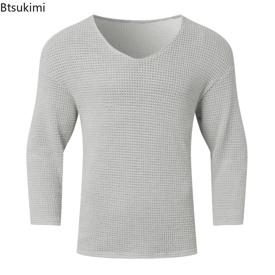 Fashion V Neck Thin Sweaters 2025 Men's Solid Long Sleeve Knitted Pullover Casual Vintage Streetwear Spring Hollow Out Tops Male - Image 6