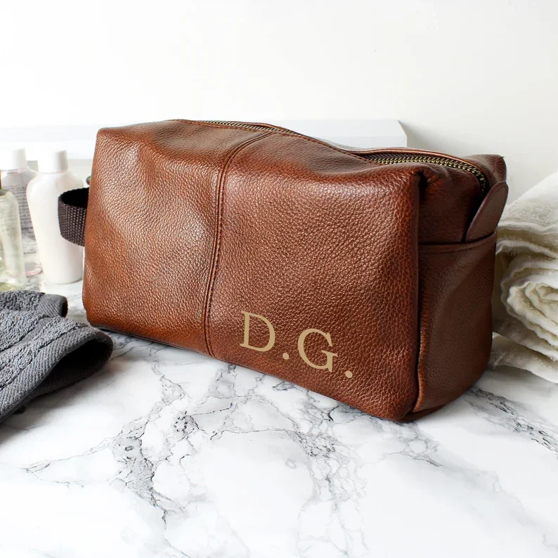 Toiletry Wash Bag Personalised With Gold Monogram Lnitials Black Leather Look For Him Groomsmen Mens Dad Bestman Father Gift