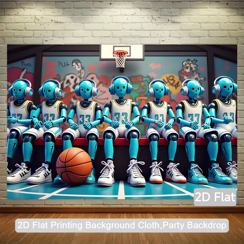 Robot Basketball Team Tapestry, Blue Android Players Wall Hanging, Sci-Fi Sports Art Decor for Bedroom Dorm Man Cave Background
