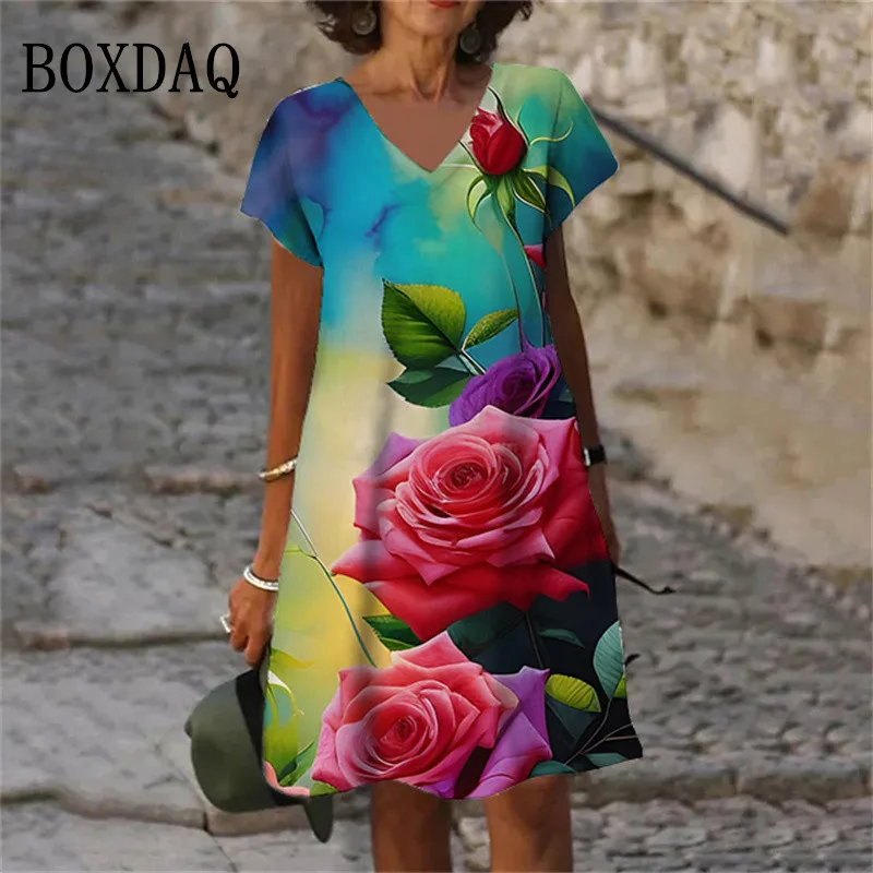 New Gradient Plant Flowers 3D Red Rose Print Dresses For 2023 Women Clothing Summer Vintage V-Neck Oversized Short Sleeve Dress