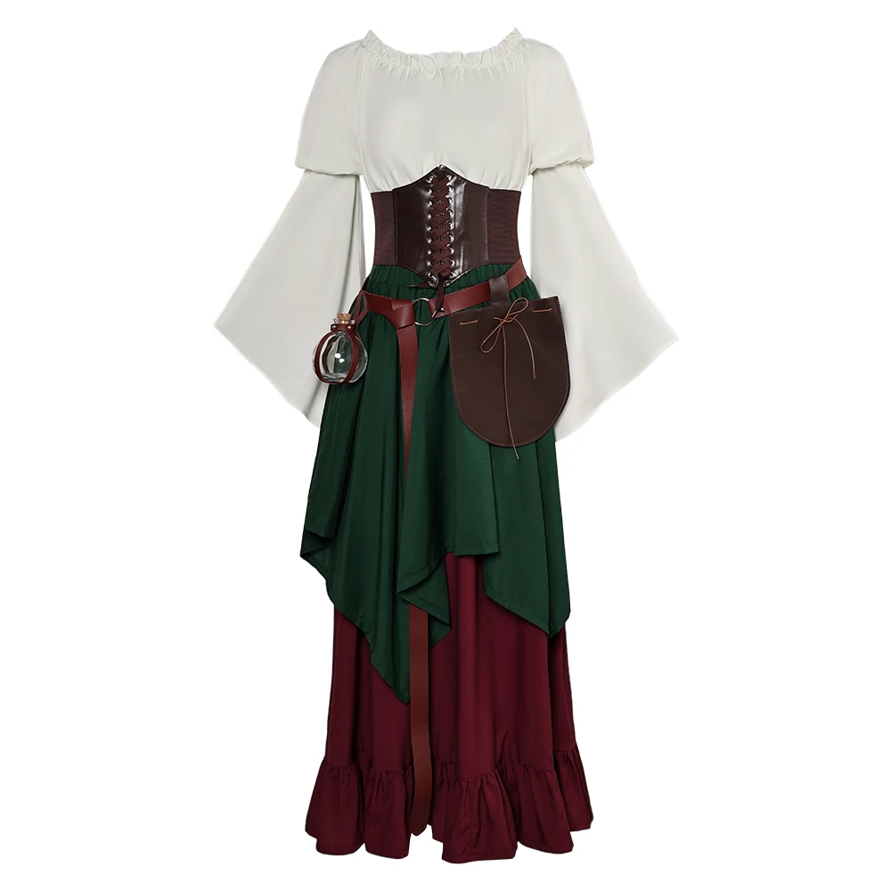 Medieval Retro Viking Cosplay Costume Adult Renaissance Women Shirt Skirt Dress Belt Waist Bag Halloween Carnival Party Suit