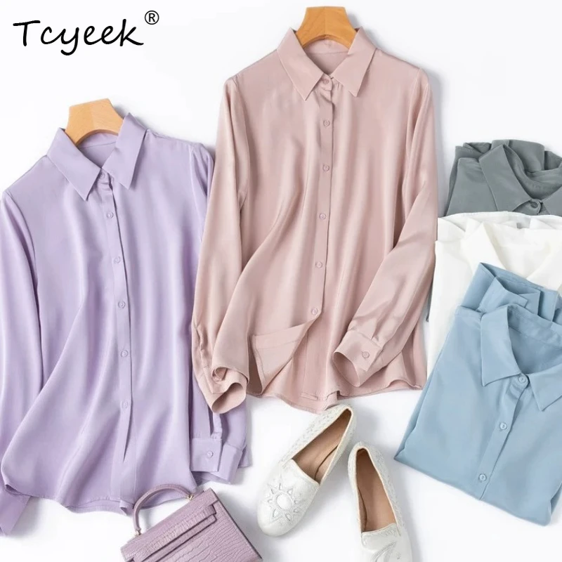 Tcyeek 93% Real Silk Blouses for Women 26MM Silk Female Clothes 2026 Spring Summer High-quality Long-sleeved Shirt Chemise Femme